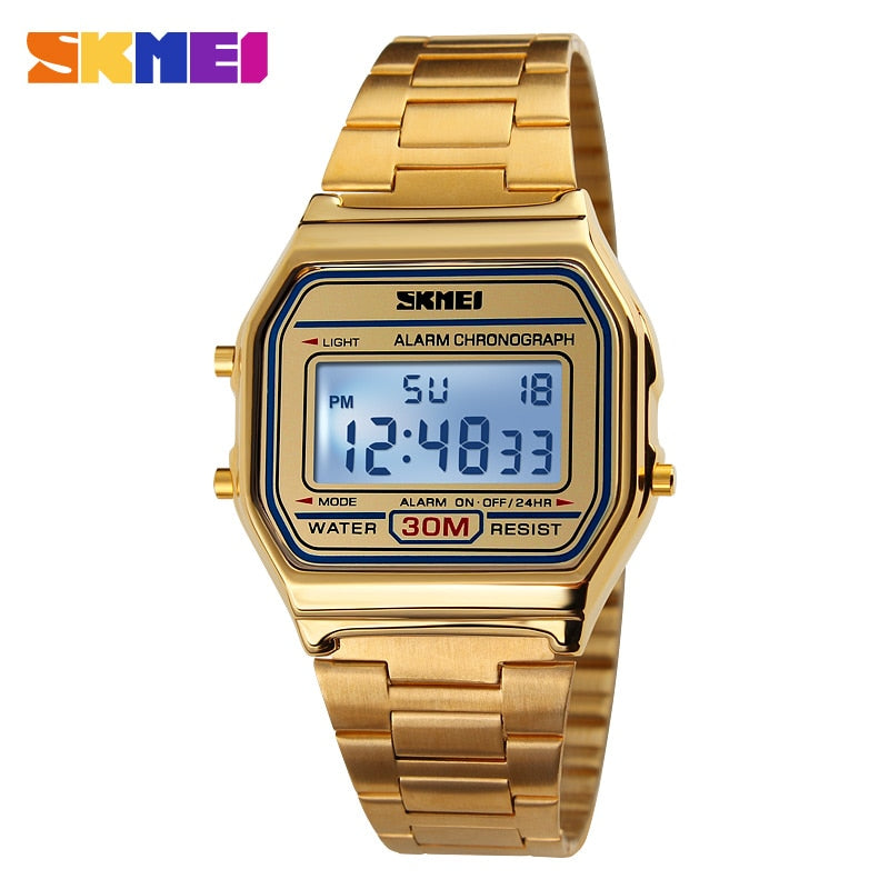 Reloj Deportivo Digital LED de Lujo de la Marca SKMEI, Moda Casual, Reloj de Pulsera Dorado para Hombres, de Acero Inoxidable, Resistente al Agua. ⌚️🏆