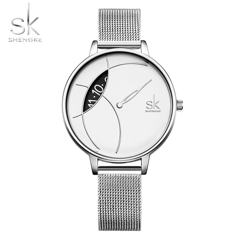 Shengke Reloj de Moda para Mujer, Creativo y Casual, con Correa de Malla de Acero Inoxidable, Elegante Diseño en Plata, Reloj de Cuarzo para Mujeres.