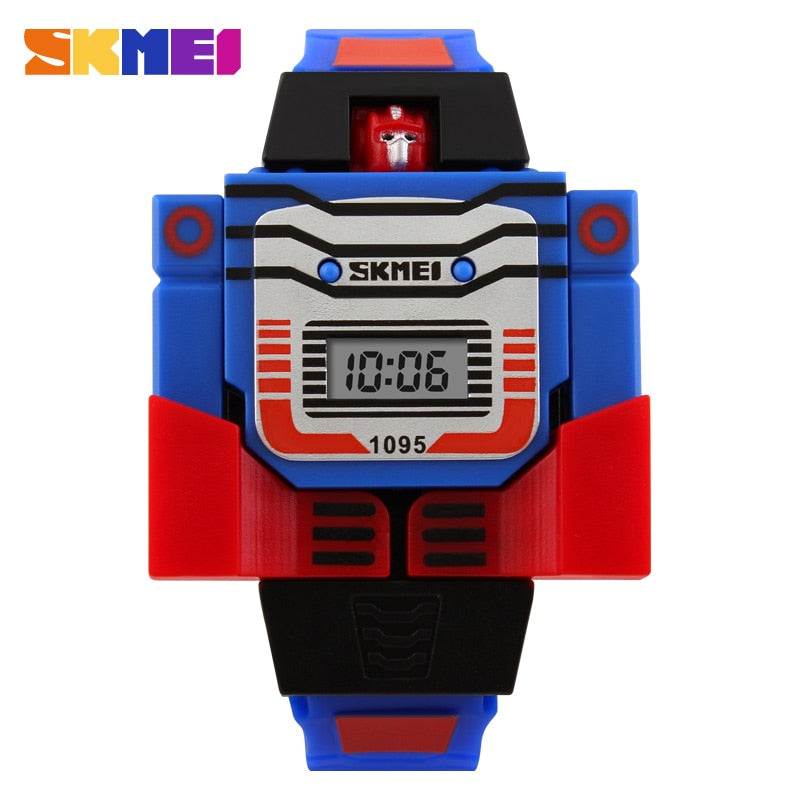 SKMEI para niños con diseño de caricaturas, LED y temática de robots transformables. Perfecto para los niños que les encantan los juguetes de transformación. Ideal para los pequeños entusiastas de los deportes. Modelo 1095 de la marca SKMEI.