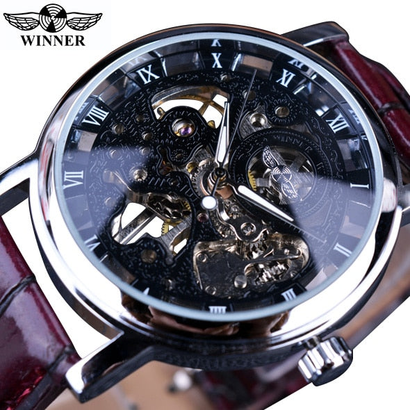 Winner ⌚  impresionante Reloj de Hombre con Caja Dorada Transparente, HERMOSA COLECCION Diseño Casual de Lujo y Correa de Cuero Marrón 🕶️ Reloj Mecánico Esqueleto de Marca Top de Lujo 🌟