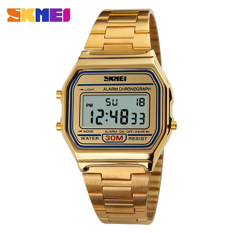 Reloj Deportivo Digital LED de Lujo de la Marca SKMEI, Moda Casual, Reloj de Pulsera Dorado para Hombres, de Acero Inoxidable, Resistente al Agua. ⌚️🏆