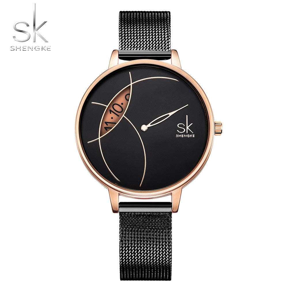 Shengke Reloj de Moda para Mujer, Creativo y Casual, con Correa de Malla de Acero Inoxidable, Elegante Diseño en Plata, Reloj de Cuarzo para Mujeres.