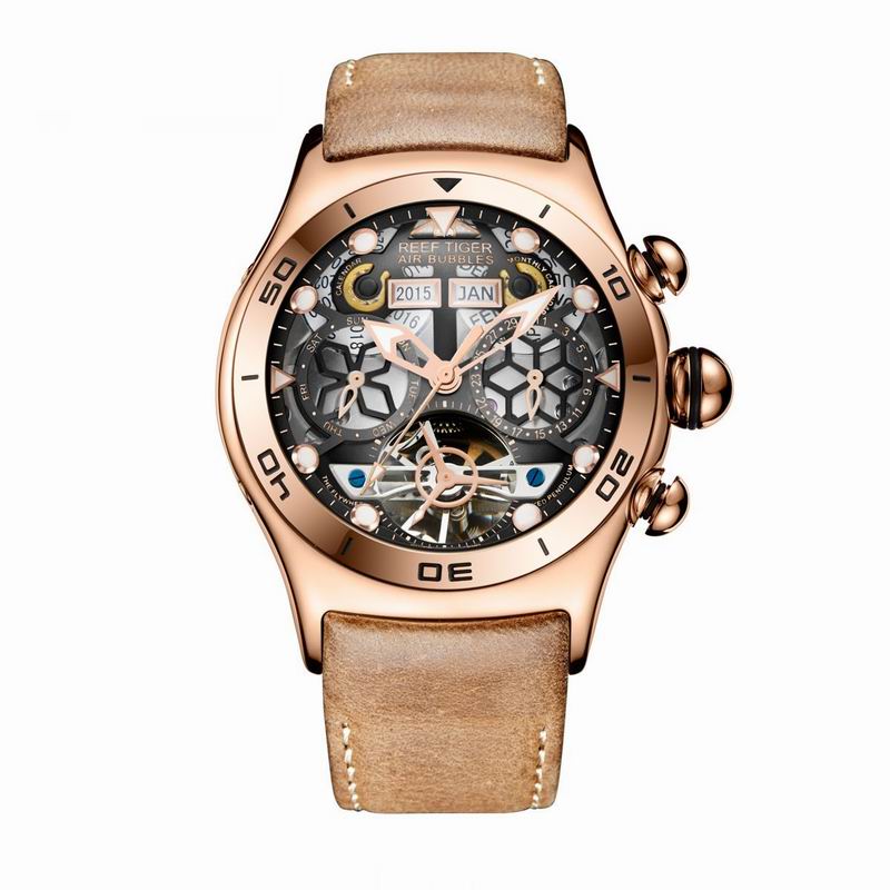 Reef Tiger/RT Reloj Deportivo para Hombres, Reloj Esqueleto Luminoso Año Mes Fecha Día, Oro Rosa, Reloj Automático.