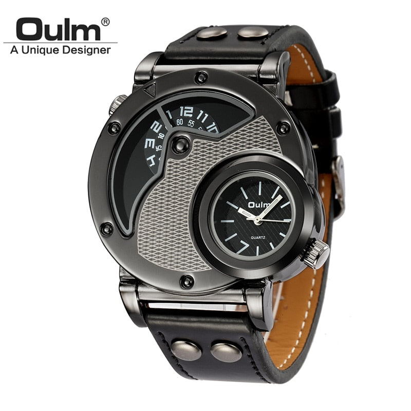 Oulm-reloj deportivo de lujo para hombre, cronógrafo de cuarzo con doble horario, de cuero, informal