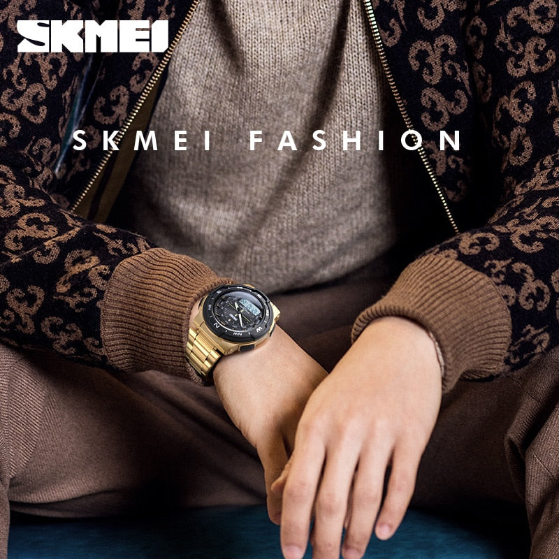 SKMEI Reloj SKMEI para hombre con estilo deportivo y de lujo. Correa de acero inoxidable y resistente al agua. Reloj de cuarzo de moda, perfecto para negocios.