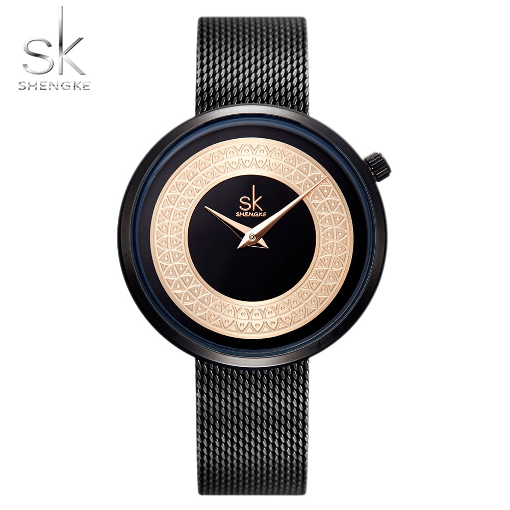 Shengke Reloj femenino con diseño de malla de metal, moda, vintage y lujo. Reloj de diseño clásico para mujeres de la marca de lujo.