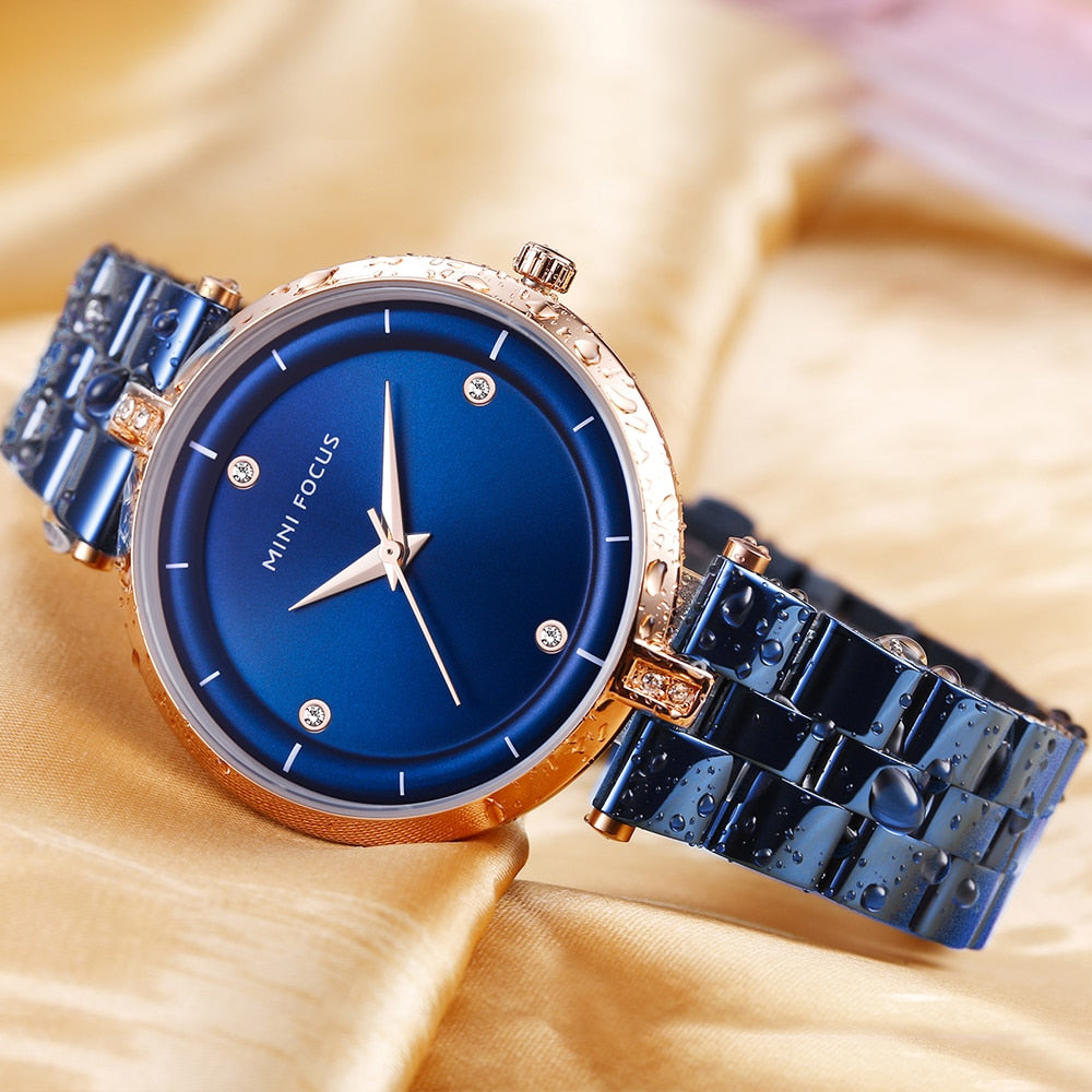 MINI FOCUS-Relojes de cuarzo de lujo para mujer, pulsera de acero inoxidable en color azul, dorado, negro y oro rosa, con ancho de banda de 18mm y resistente al agua