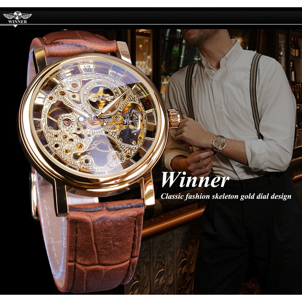 Winner ⌚  impresionante Reloj de Hombre con Caja Dorada Transparente, HERMOSA COLECCION Diseño Casual de Lujo y Correa de Cuero Marrón 🕶️ Reloj Mecánico Esqueleto de Marca Top de Lujo 🌟