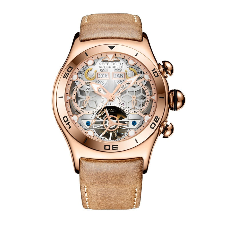 Reef Tiger/RT Reloj Deportivo para Hombres, Reloj Esqueleto Luminoso Año Mes Fecha Día, Oro Rosa, Reloj Automático.