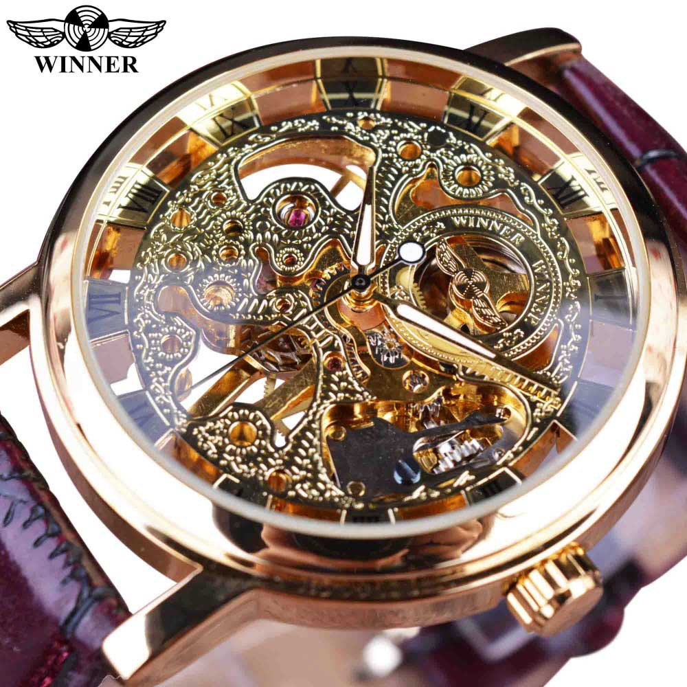 Winner ⌚  impresionante Reloj de Hombre con Caja Dorada Transparente, HERMOSA COLECCION Diseño Casual de Lujo y Correa de Cuero Marrón 🕶️ Reloj Mecánico Esqueleto de Marca Top de Lujo 🌟