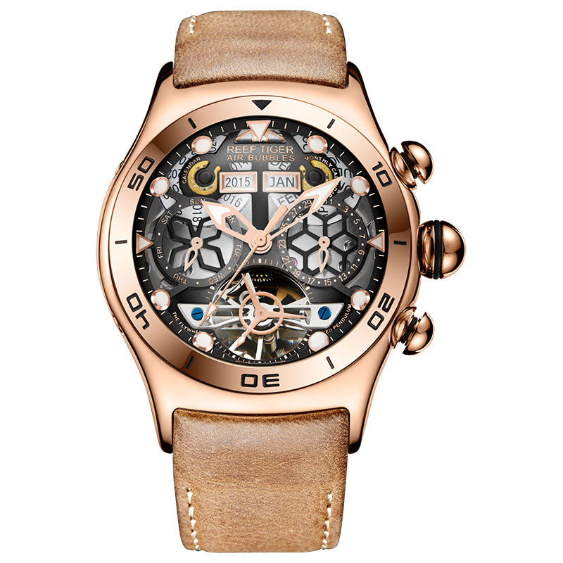 Reef Tiger/RT Reloj Deportivo para Hombres, Reloj Esqueleto Luminoso Año Mes Fecha Día, Oro Rosa, Reloj Automático.