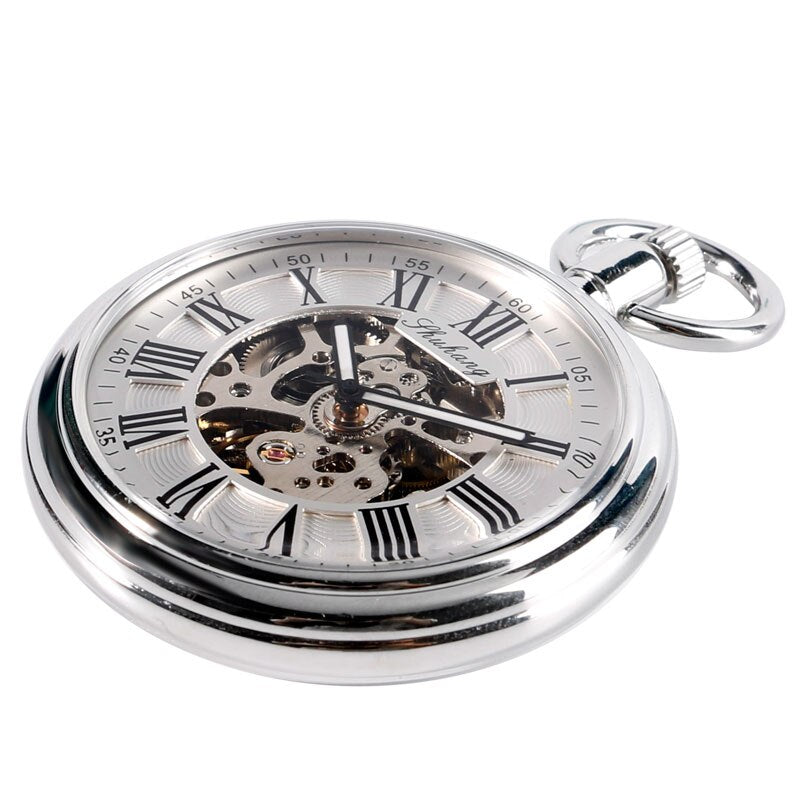 SHUHANG Nuevo reloj mecánico 2017 para hombres, automático, con carga automática, en color plateado, diseño sencillo, esfera abierta, cadena colgante con números romanos.