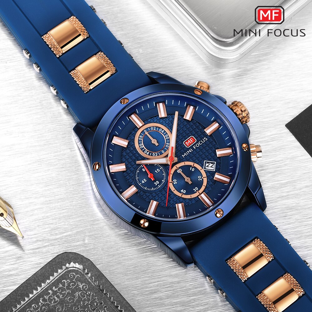 MINI FOCUS-reloj analógico con correa de silicona para hombre, accesorio de pulsera de cuarzo resistente al agua con cronógrafo, complemento masculino deportivo de marca de lujo con diseño militar.