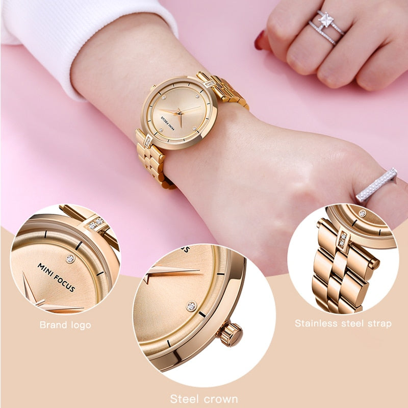 MINI FOCUS-Relojes de cuarzo de lujo para mujer, pulsera de acero inoxidable en color azul, dorado, negro y oro rosa, con ancho de banda de 18mm y resistente al agua
