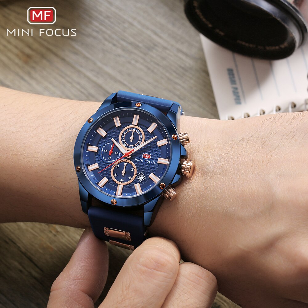 MINI FOCUS-reloj analógico con correa de silicona para hombre, accesorio de pulsera de cuarzo resistente al agua con cronógrafo, complemento masculino deportivo de marca de lujo con diseño militar.