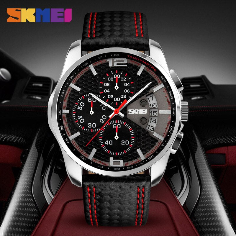 SKMEI Reloj Deportivo de Moda para Hombres, Marca de Lujo, Correa de Cuero, Resistente al Agua 5 Bar, Reloj de Pulsera de Cuarzo, Relogio Masculino 9106.