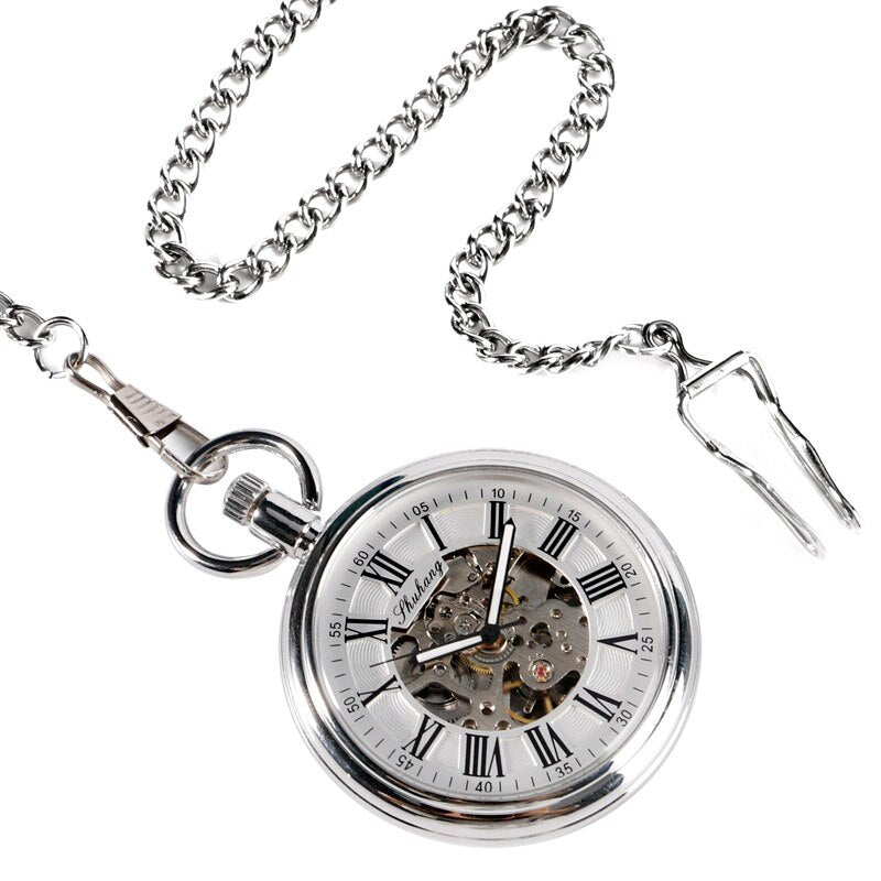 SHUHANG Nuevo reloj mecánico 2017 para hombres, automático, con carga automática, en color plateado, diseño sencillo, esfera abierta, cadena colgante con números romanos.