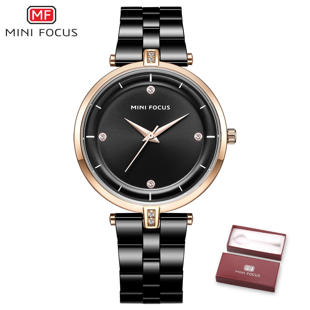 MINI FOCUS-Relojes de cuarzo de lujo para mujer, pulsera de acero inoxidable en color azul, dorado, negro y oro rosa, con ancho de banda de 18mm y resistente al agua
