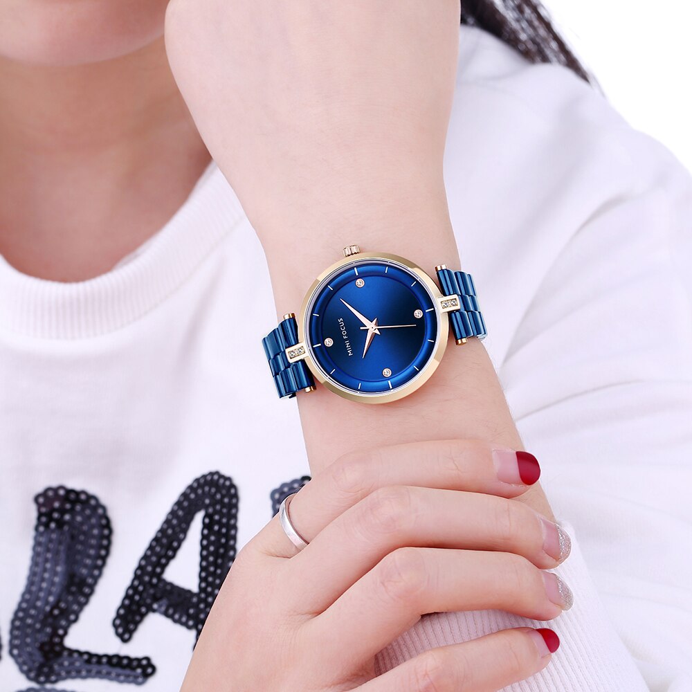 MINI FOCUS-Relojes de cuarzo de lujo para mujer, pulsera de acero inoxidable en color azul, dorado, negro y oro rosa, con ancho de banda de 18mm y resistente al agua