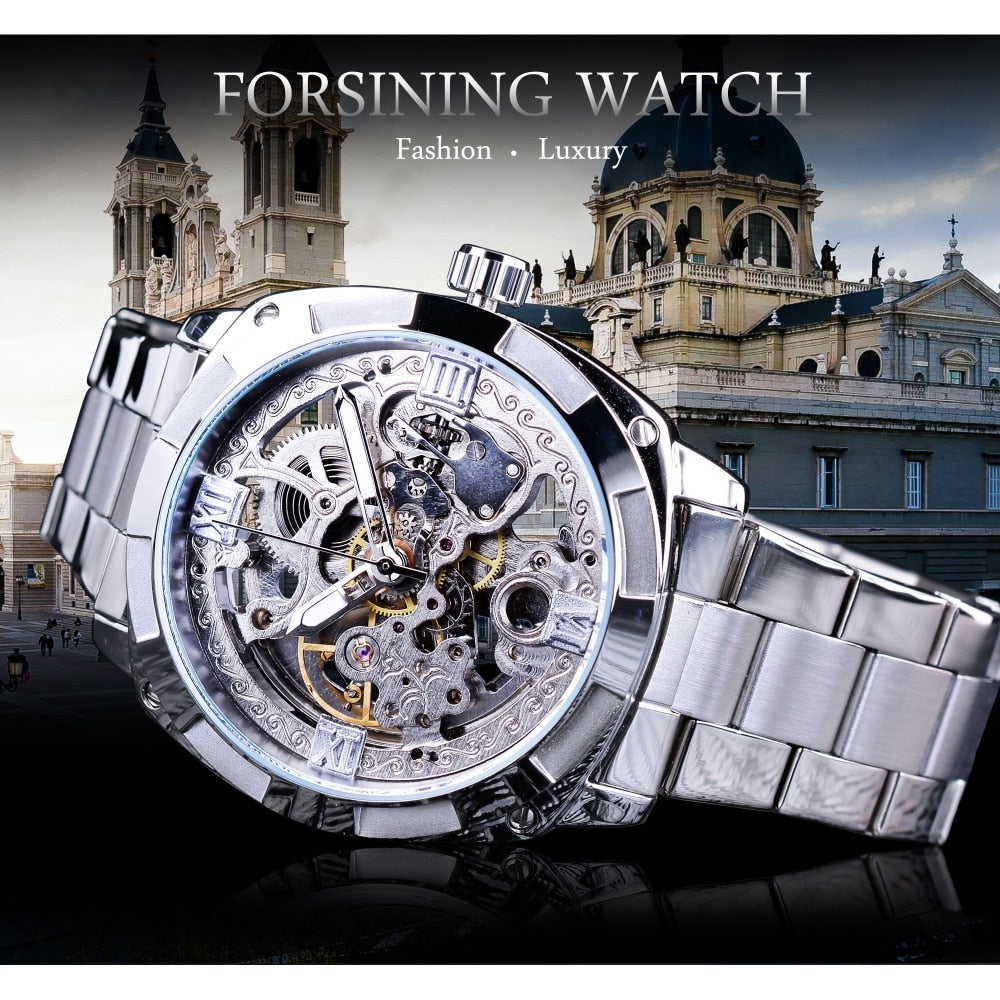 Forsining-relojes de plata con cierre plegable para hombre, relojes automáticos de Seguridad, de lujo, transparentes, manos luminosas