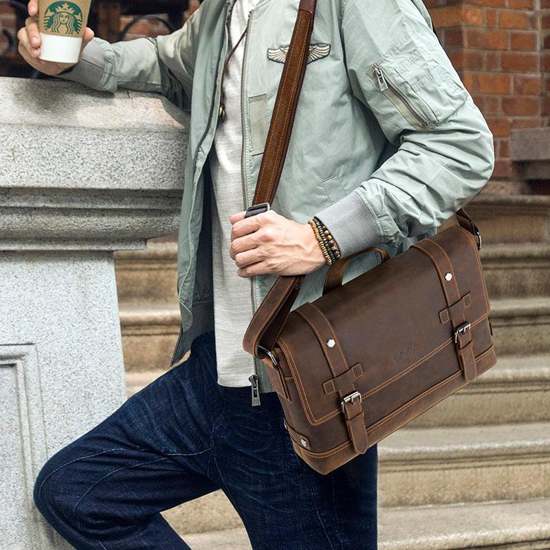 CONTACT'S-Bolso crazy horse de piel auténtica para hombre, bandolera vintage para ordenador portátil, bolso cruzado