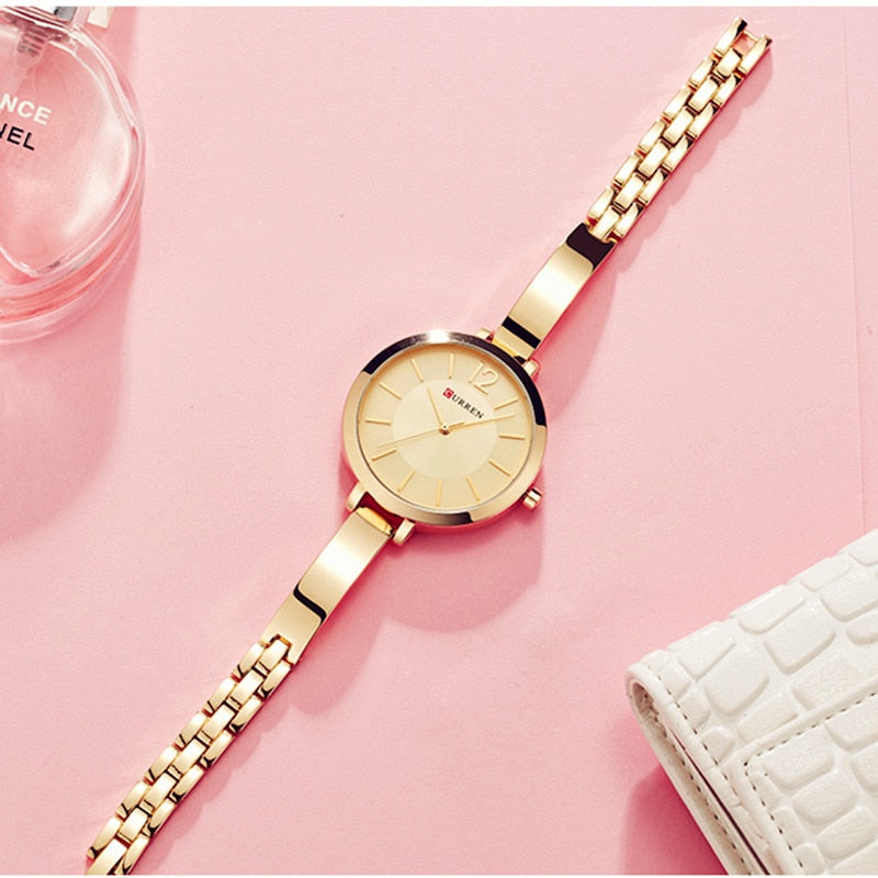 CURREN-Relojes de moda, dorados, para mujer, de acero inox., ultrafino, cuarzo, romántico.