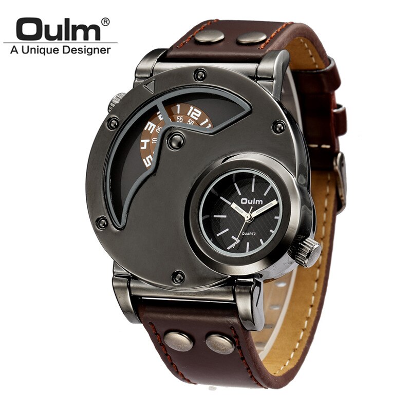 Oulm-reloj deportivo de lujo para hombre, cronógrafo de cuarzo con doble horario, de cuero, informal