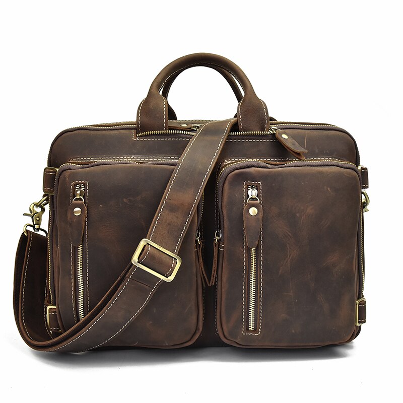 Crazy Horse Mochila De cuero genuino para ordenador porttil para hombre bolso de negocios de cuero de vaca de 3 capas