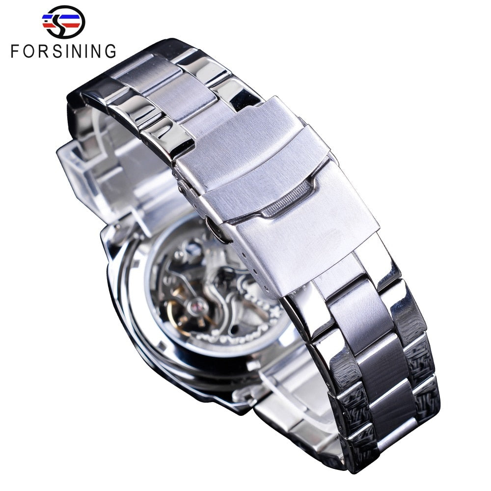 Forsining-relojes de plata con cierre plegable para hombre, relojes automáticos de Seguridad, de lujo, transparentes, manos luminosas