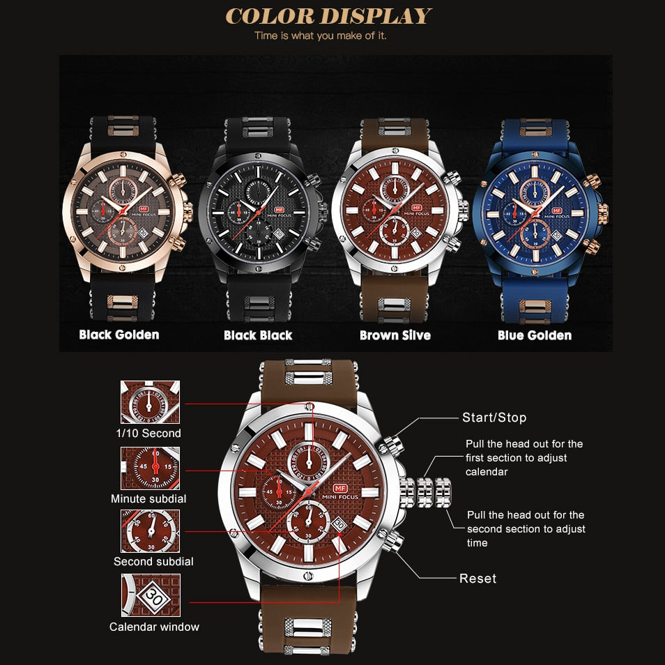 MINI FOCUS-reloj analógico con correa de silicona para hombre, accesorio de pulsera de cuarzo resistente al agua con cronógrafo, complemento masculino deportivo de marca de lujo con diseño militar.