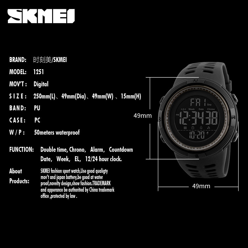 SKMEI Reloj deportivo para hombres de la marca SKMEI, con estilo de moda, funciones de cronómetro y cuenta regresiva, resistente al agua con pantalla LED digital. , ideal para actividades deportivas. Relogio Masculino. 🕰️🏃💧👨