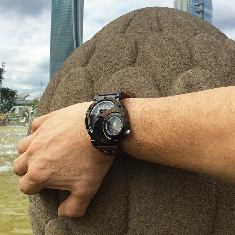 Oulm-reloj deportivo de lujo para hombre, cronógrafo de cuarzo con doble horario, de cuero, informal
