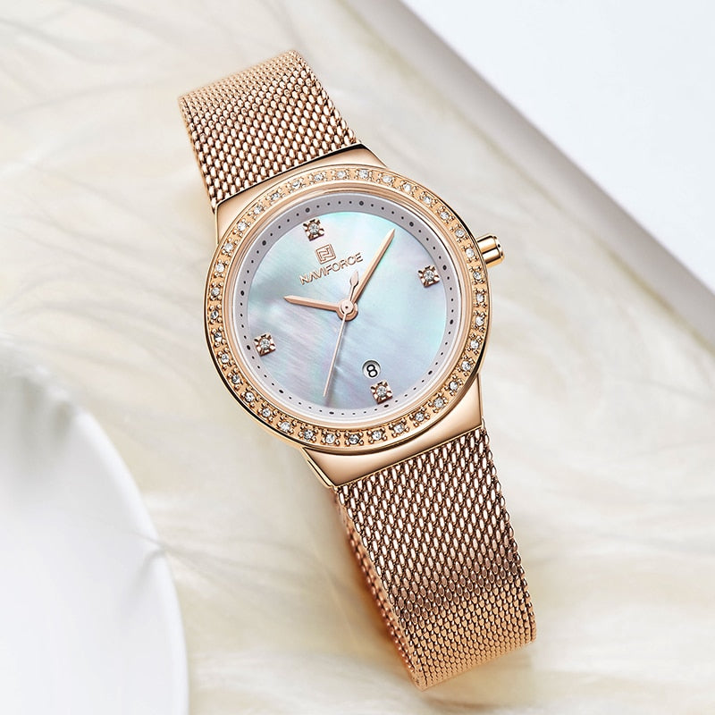 NAVIFORCE-Reloj de lujo con diamantes de imitación para mujer, pulsera de cuarzo resistente al agua con fecha, femenino