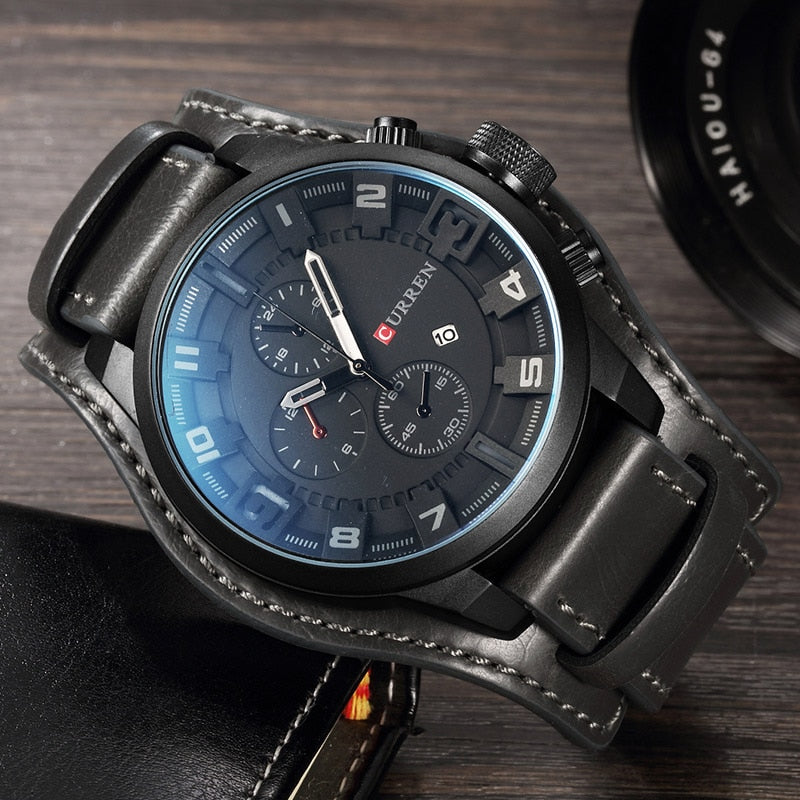Curren-reloj analógico con correa de cuero para hombre, accesorio de pulsera de cuarzo resistente al agua con calendario, complemento Masculino deportivo de marca de lujo con diseño militar, 8225