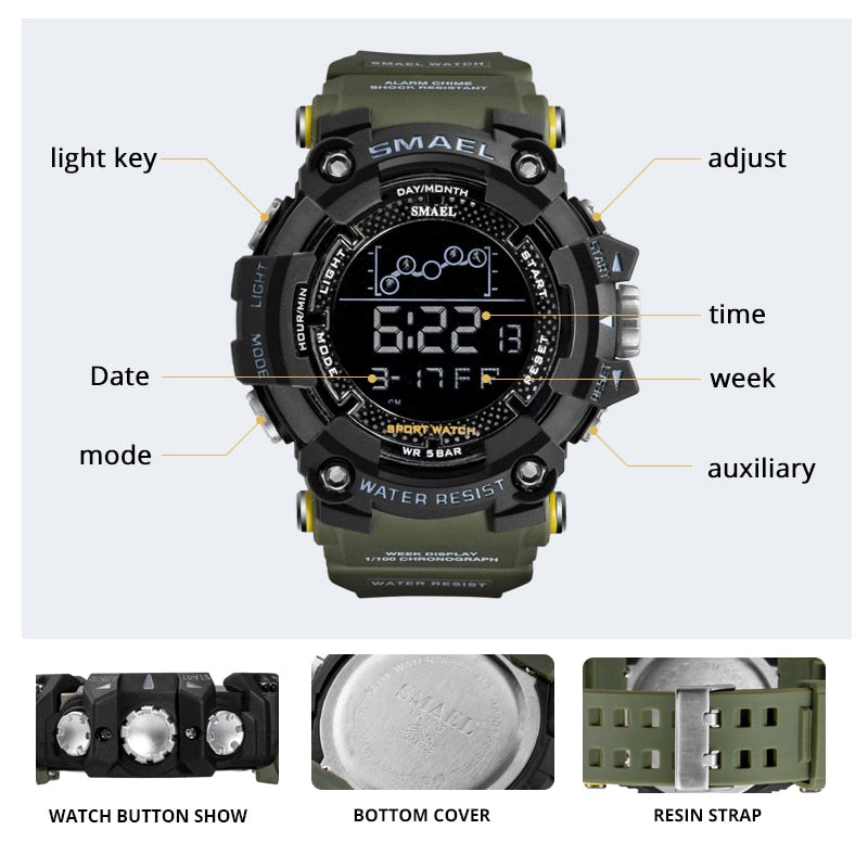 SMAEL Un reloj militar deportivo y resistente al agua, con funciones digitales de cronómetro. ¡Un reloj electrónico masculino perfecto para aventuras y deportes! ⌚🏃‍♂️💦