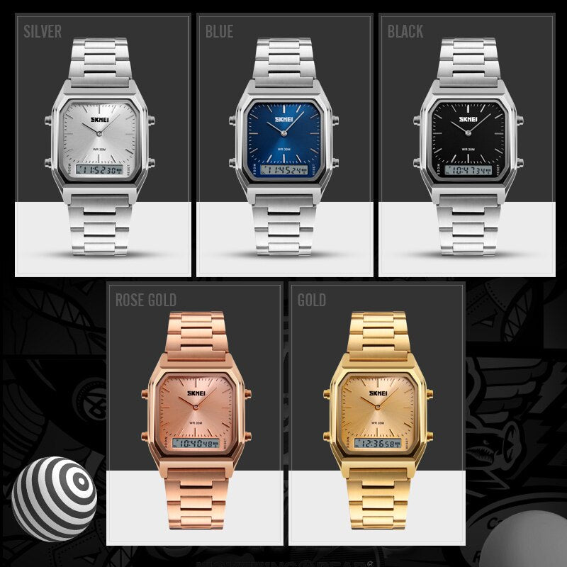 SKMEI moda casual, cuarzo, cronógrafo digital, luz de fondo, resistente al agua, hora dual, modelo 1220. COLORES