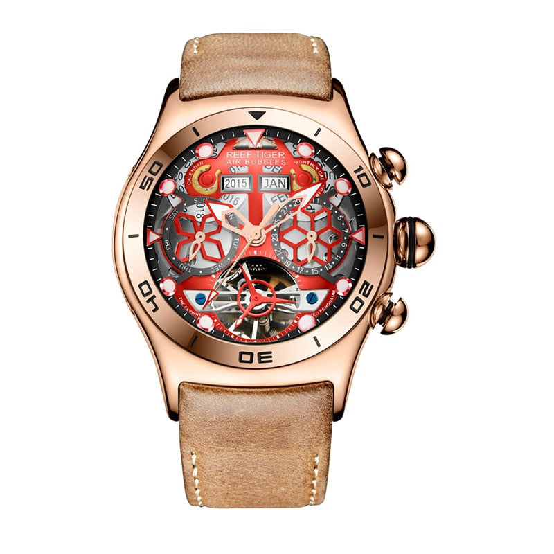 Reef Tiger/RT Reloj Deportivo para Hombres, Reloj Esqueleto Luminoso Año Mes Fecha Día, Oro Rosa, Reloj Automático.