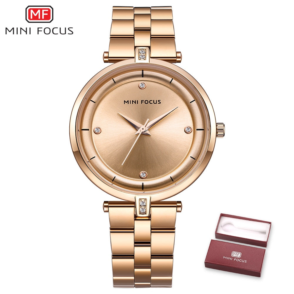 MINI FOCUS-Relojes de cuarzo de lujo para mujer, pulsera de acero inoxidable en color azul, dorado, negro y oro rosa, con ancho de banda de 18mm y resistente al agua