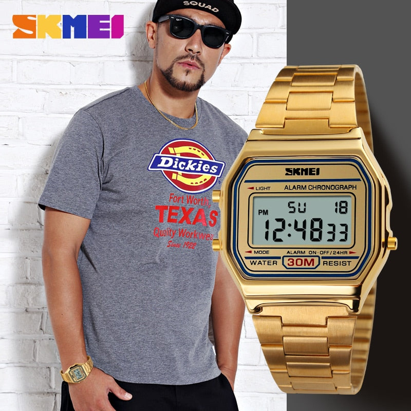 Reloj Deportivo Digital LED de Lujo de la Marca SKMEI, Moda Casual, Reloj de Pulsera Dorado para Hombres, de Acero Inoxidable, Resistente al Agua. ⌚️🏆