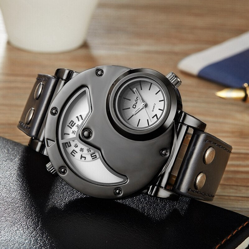 Oulm-reloj deportivo de lujo para hombre, cronógrafo de cuarzo con doble horario, de cuero, informal