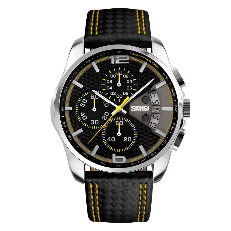 SKMEI Reloj Deportivo de Moda para Hombres, Marca de Lujo, Correa de Cuero, Resistente al Agua 5 Bar, Reloj de Pulsera de Cuarzo, Relogio Masculino 9106.