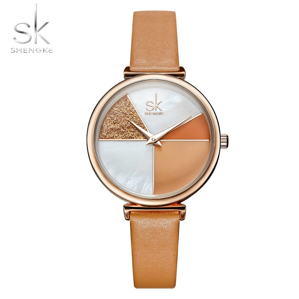 Shengke Reloj para Mujer con Esfera en Forma de Concha, Correa de Cuero, Movimiento de Cuarzo Japonés, Diseño Ultra Delgado, Hebilla, Reloj de Mujer Montre Femme.