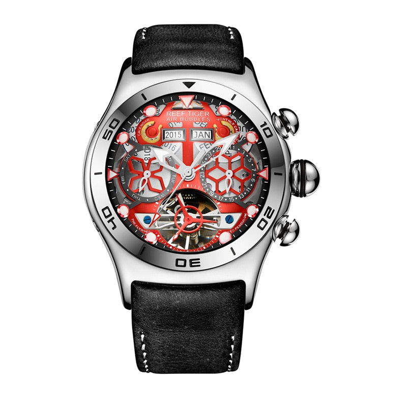 Reef Tiger/RT Reloj Deportivo para Hombres, Reloj Esqueleto Luminoso Año Mes Fecha Día, Oro Rosa, Reloj Automático.