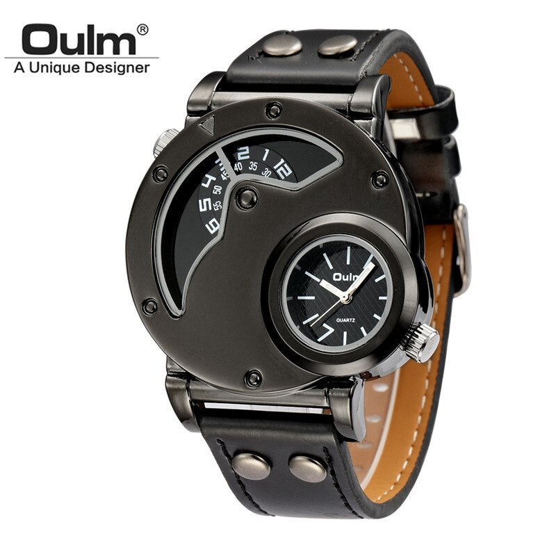 Oulm-reloj deportivo de lujo para hombre, cronógrafo de cuarzo con doble horario, de cuero, informal