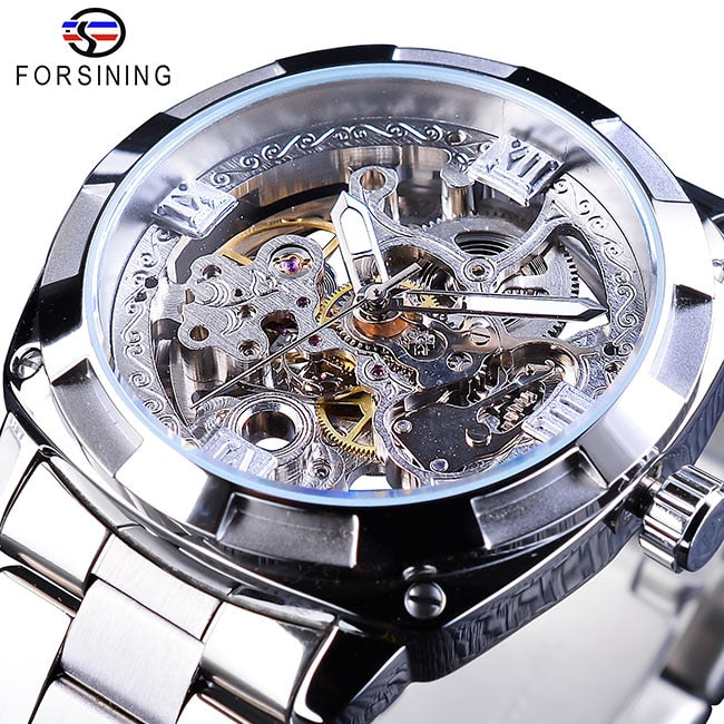 Forsining-relojes de plata con cierre plegable para hombre, relojes automáticos de Seguridad, de lujo, transparentes, manos luminosas