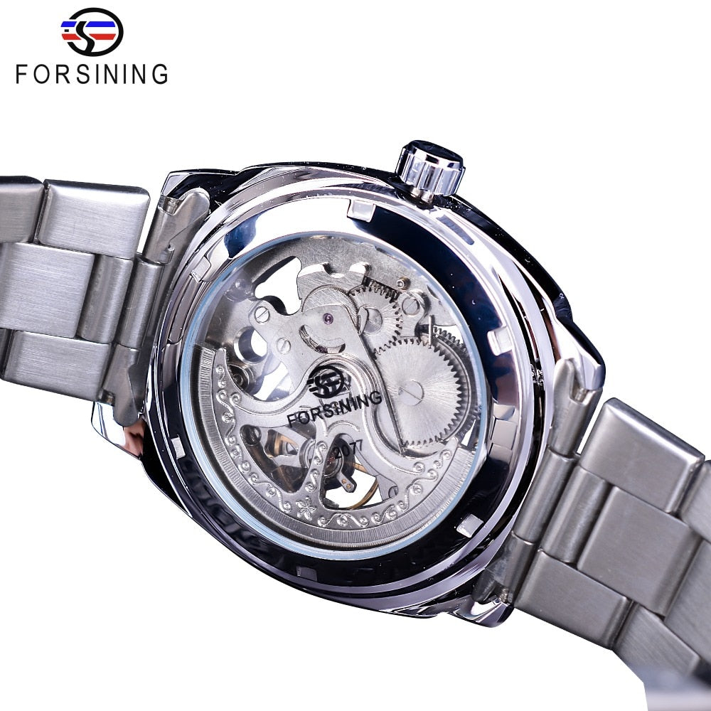 Forsining-relojes de plata con cierre plegable para hombre, relojes automáticos de Seguridad, de lujo, transparentes, manos luminosas