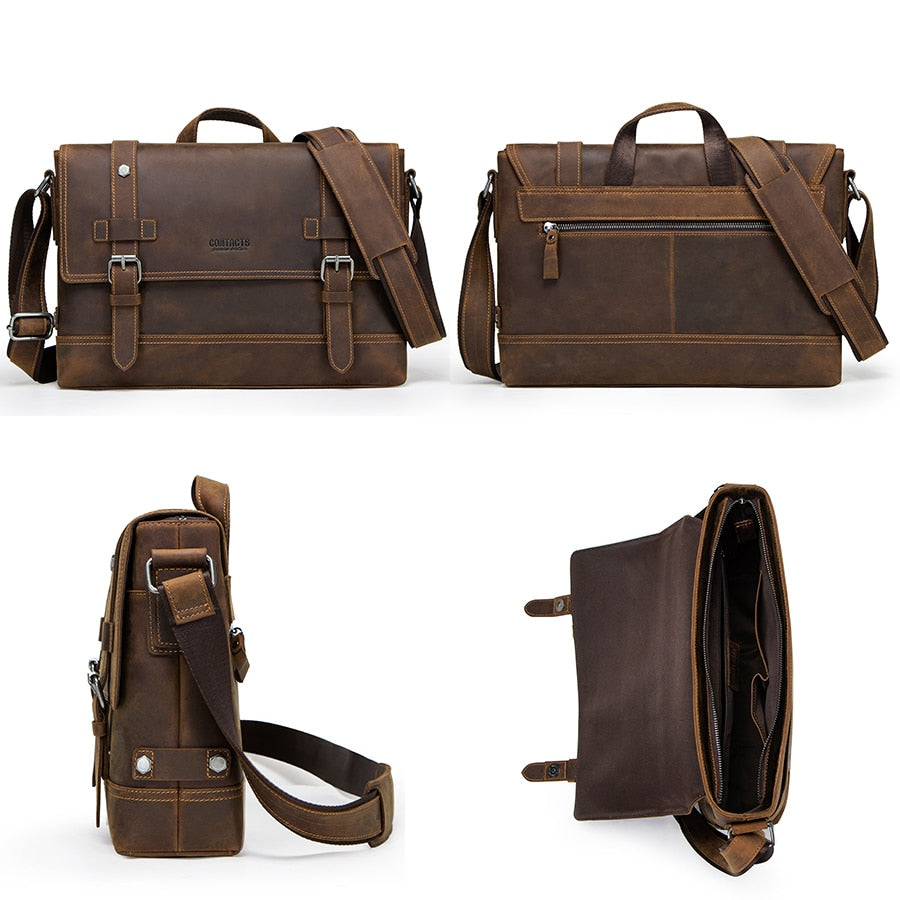 CONTACT'S-Bolso crazy horse de piel auténtica para hombre, bandolera vintage para ordenador portátil, bolso cruzado