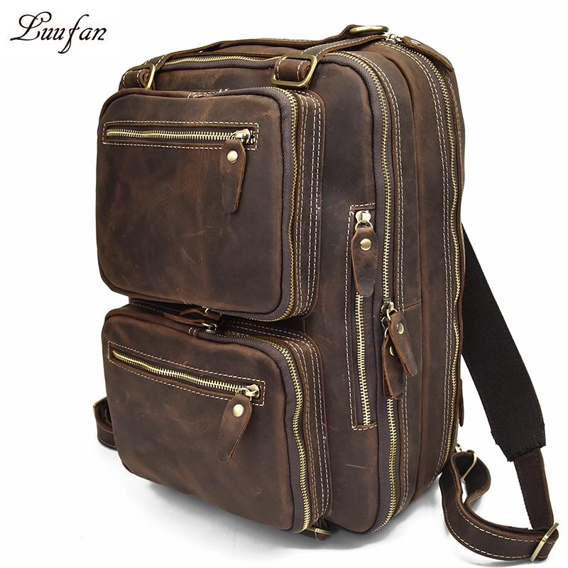 Crazy Horse Mochila De cuero genuino para ordenador porttil para hombre bolso de negocios de cuero de vaca de 3 capas