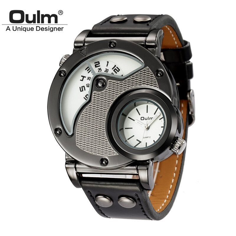 Oulm-reloj deportivo de lujo para hombre, cronógrafo de cuarzo con doble horario, de cuero, informal