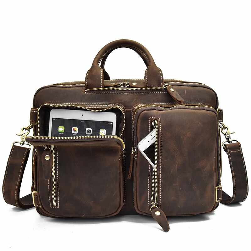 Crazy Horse Mochila De cuero genuino para ordenador porttil para hombre bolso de negocios de cuero de vaca de 3 capas